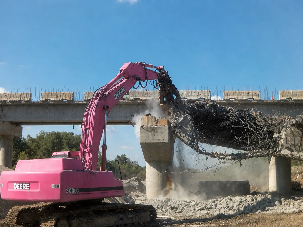 Excavadora rosa de CLYCSA demoliendo un puente vehicular en Monterrey