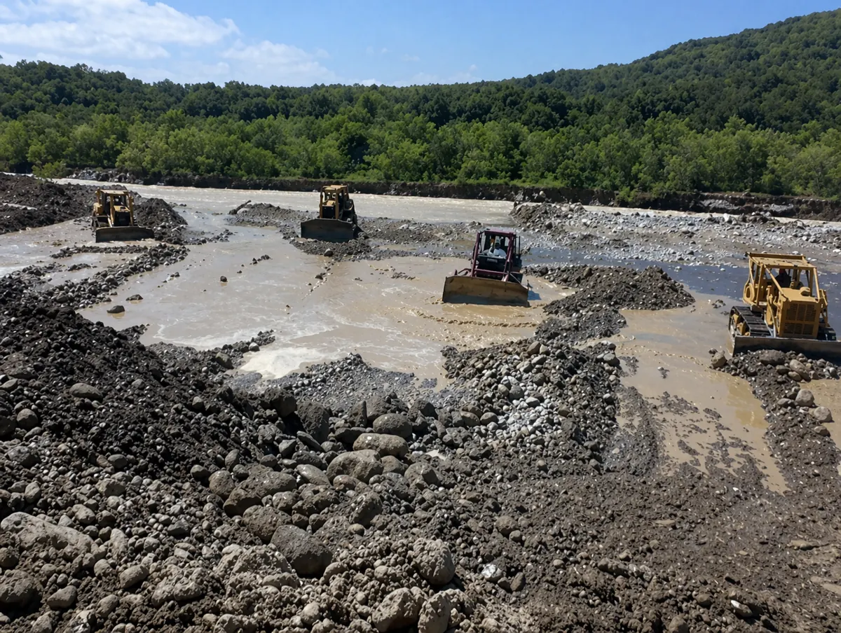 Tractores de CLYCSA realizando movimiento de tierras en el cauce de un río en Monterrey